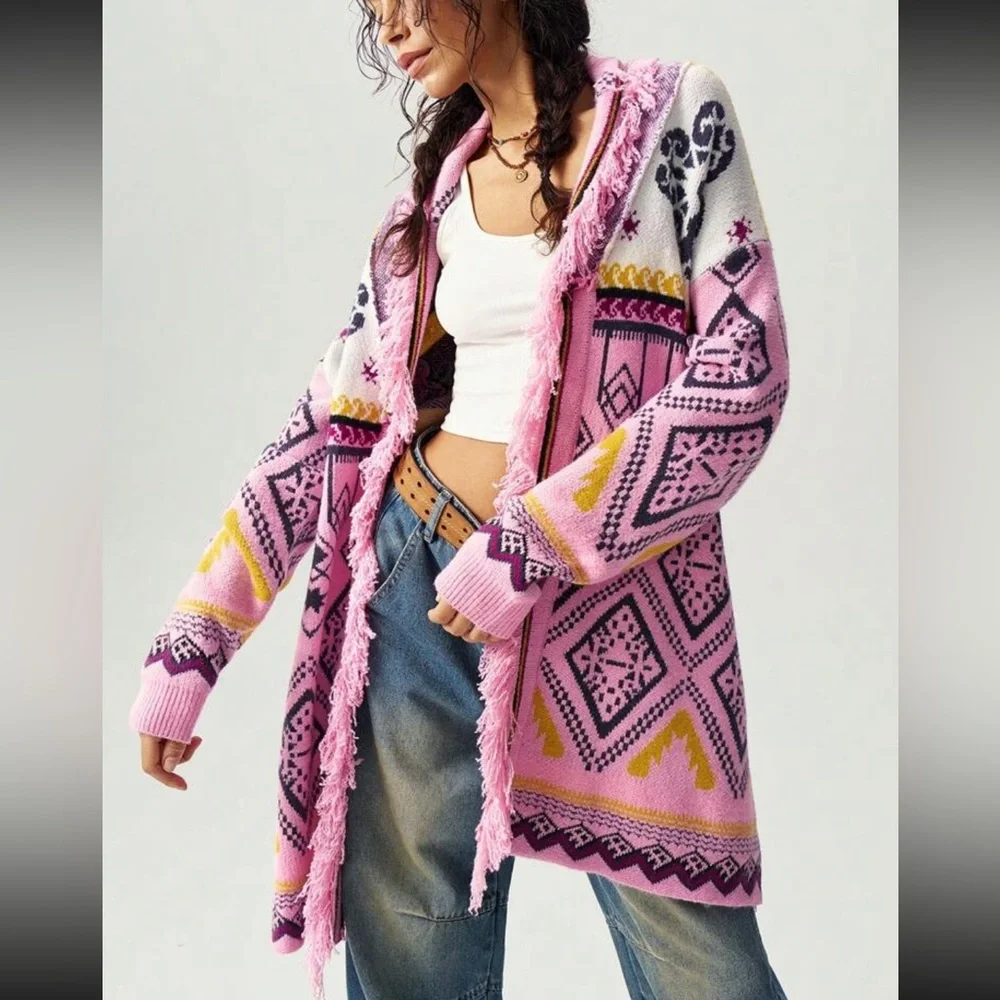 Luxe Boho Abstract Aztec Print Fringe Open Front Knit Sweater Cardigan Pink - Picture 6 of 6